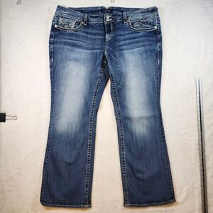 Vigoss Bootcut Jeans Women 22 Blue Excellent Embellished Flap Pocket Whiskered